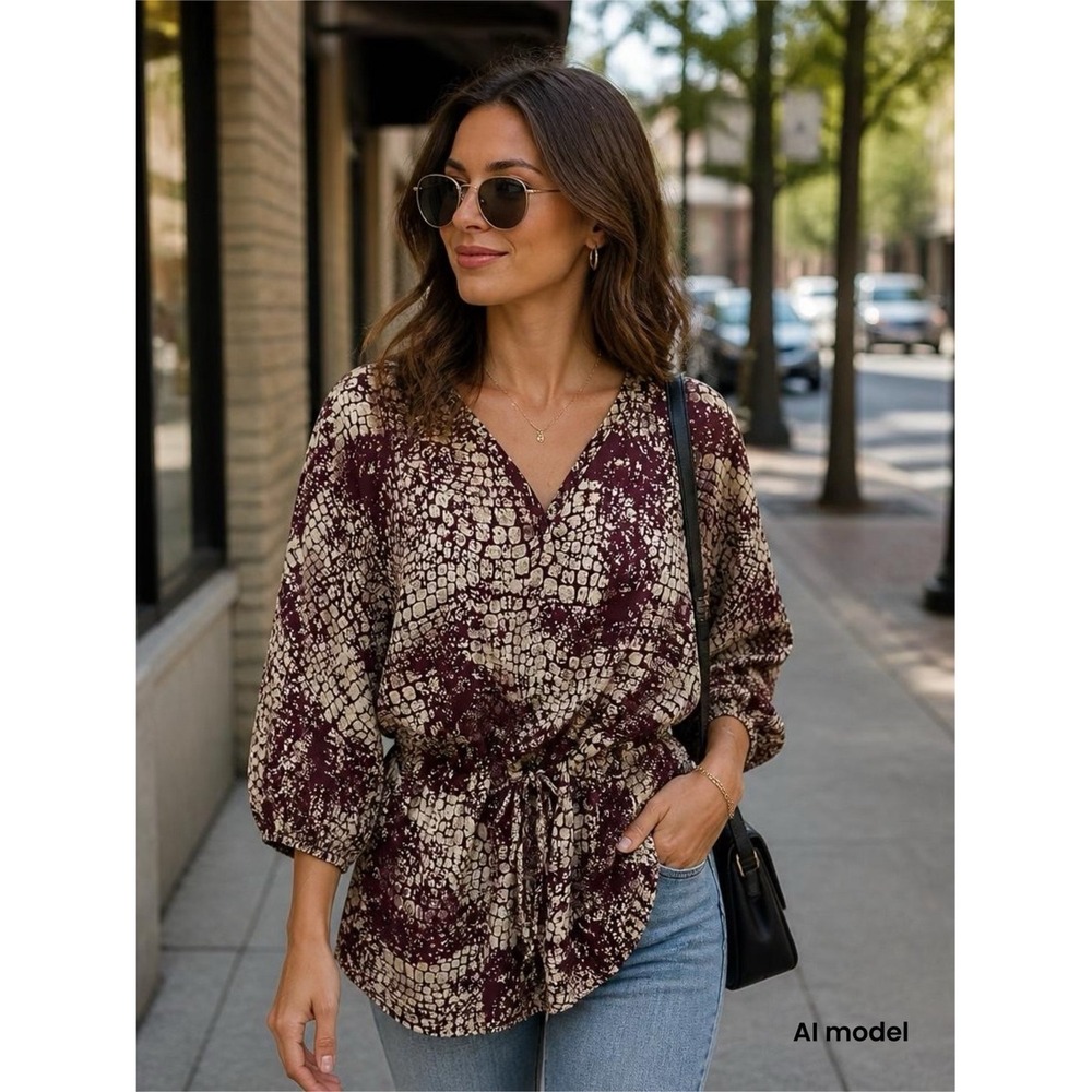 Collective Concepts V-Neck Drawstring Tunic‎ Top in Cream and Plum